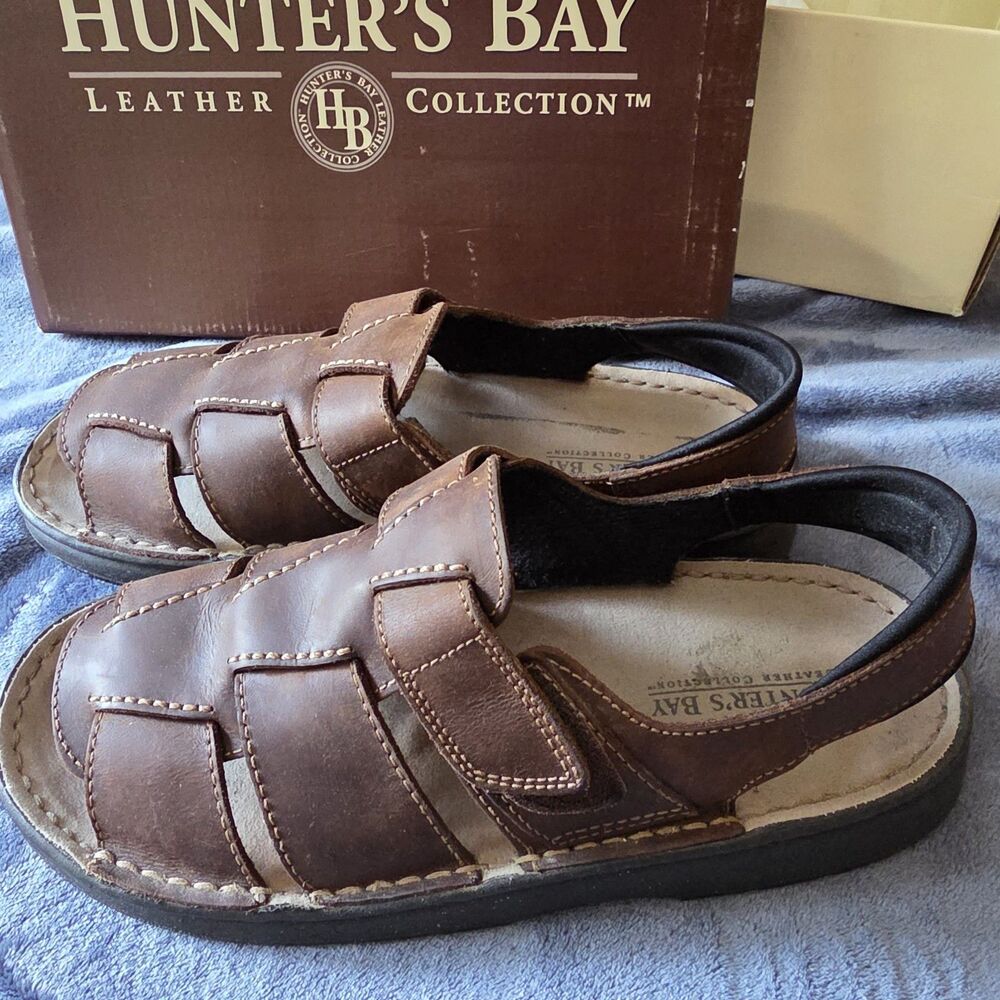 Hunter's Bay Sandals Shoes Mens Size 13 Brown Leather Hook Loop Casual